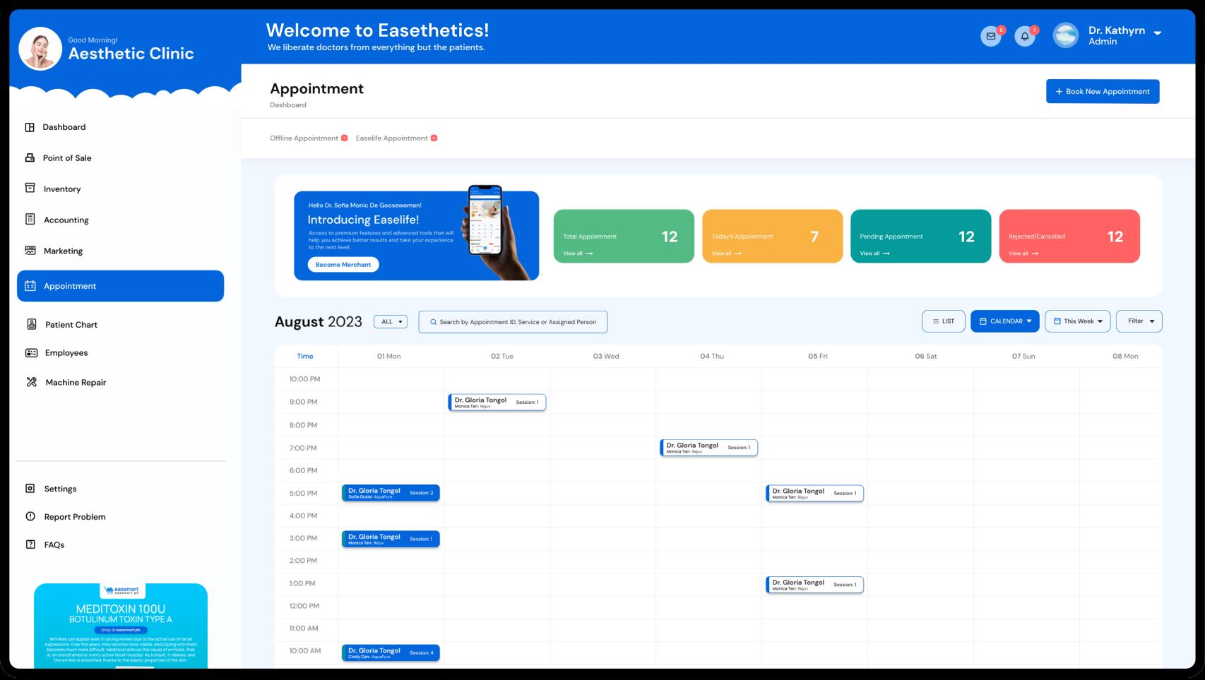 Easethetics appointment calendar with bookings across the week