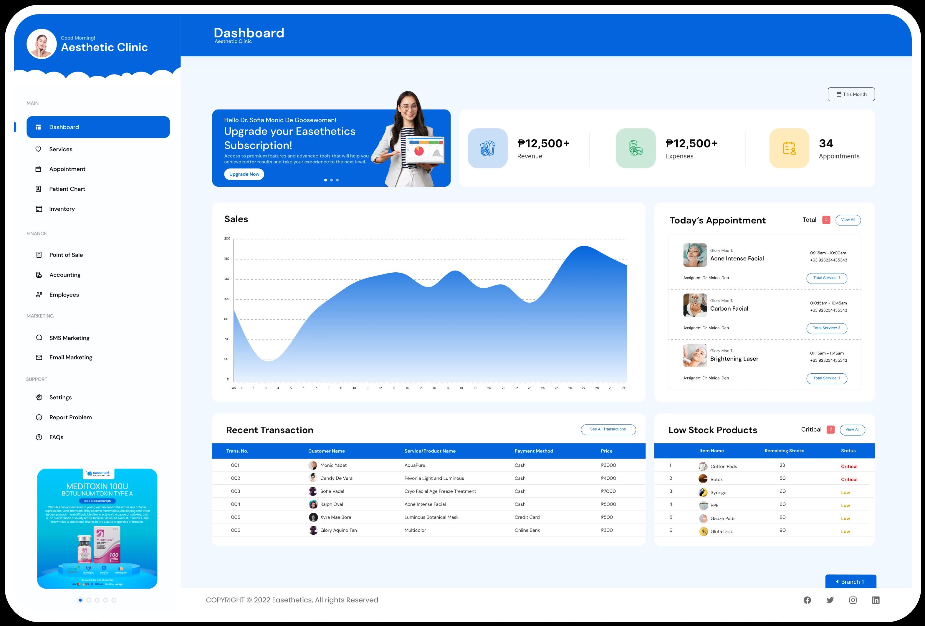 Easethetics clinic dashboard showing revenue, sales chart, today's appointments and low-stock alerts