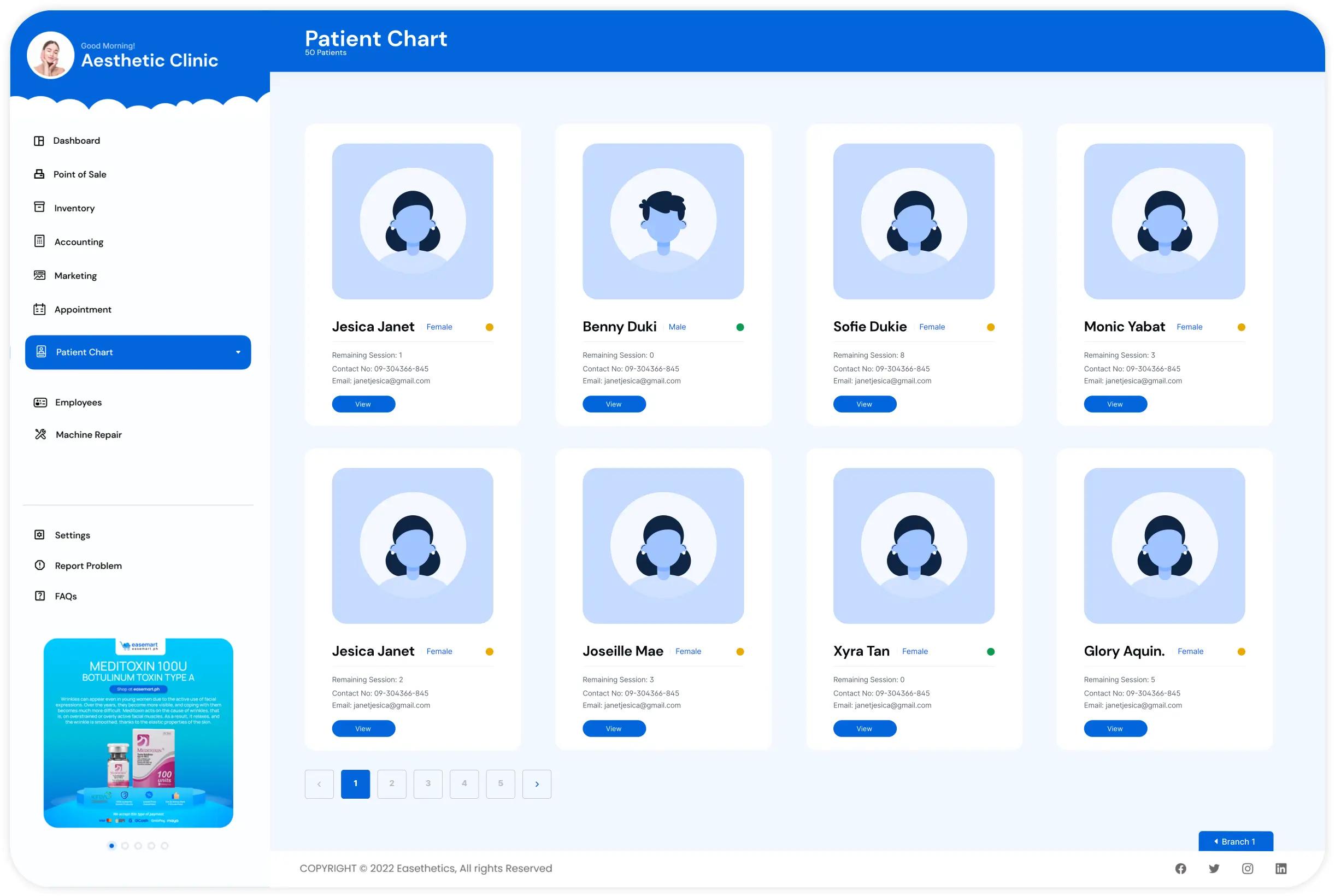 Easethetics patient chart with client cards and remaining sessions