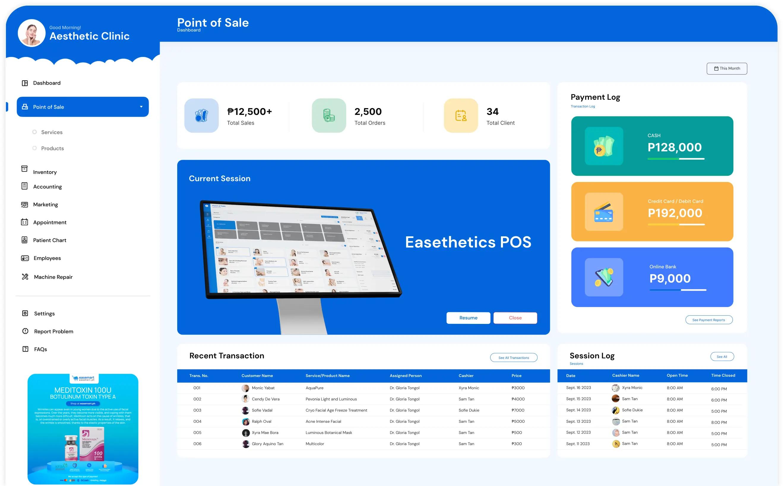 Easethetics point of sale dashboard with payment log by method